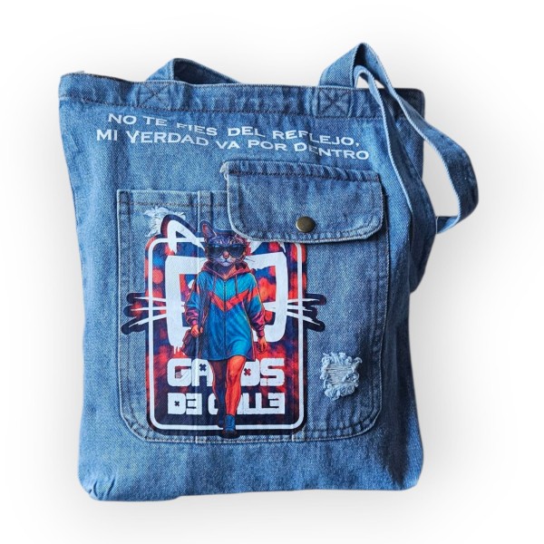 copy of Bolso vaquero Gatos de Calle – “No te fíes del reflejo”